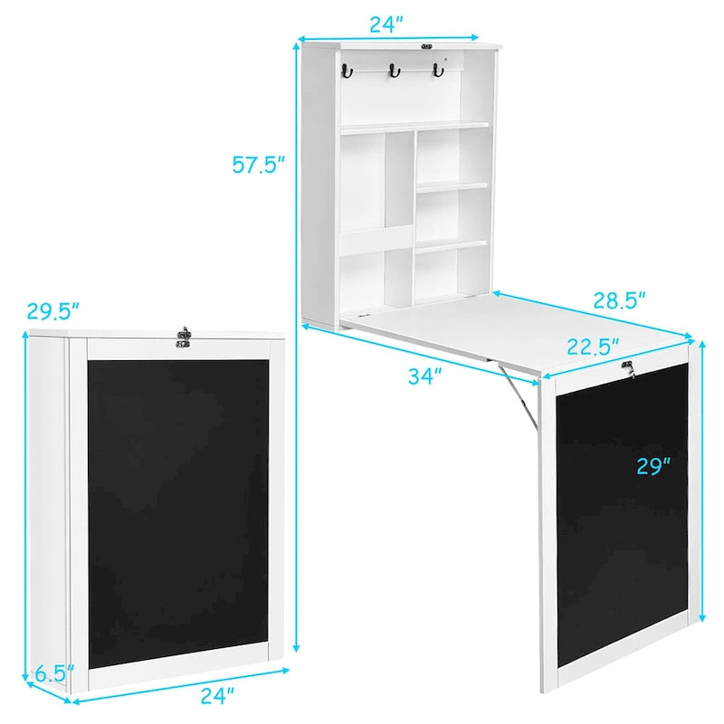 Foldable Wall Mounted Table Convertible Desk with Blackboard Shelves