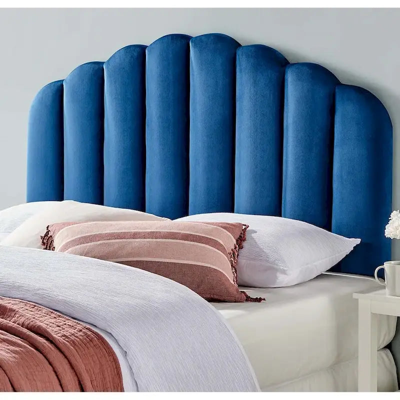 Burney Scalloped Blue Velvet Upholstered King/California King Size Headboard