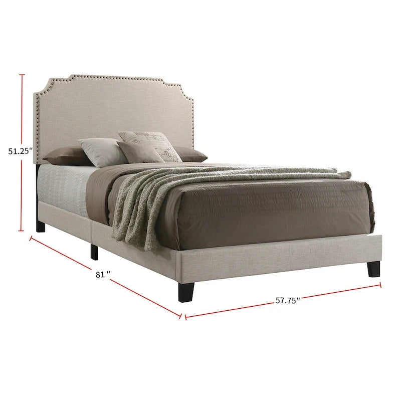 Upholstered Bed with Nailhead Trim in Beige