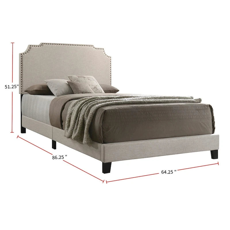 Upholstered Bed with Nailhead Trim in Beige