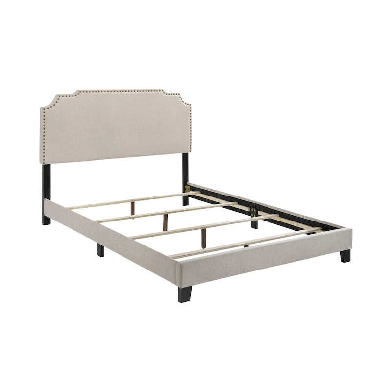 Upholstered Bed with Nailhead Trim in Beige