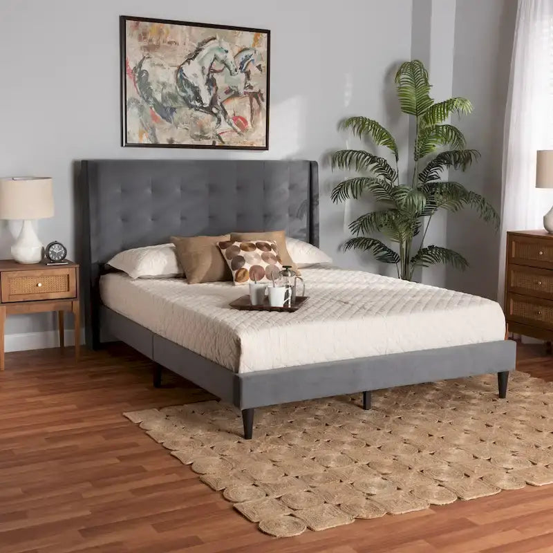 Gothard Modern and Contemporary Velvet Fabric Upholstered and Dark Brown Finished Wood Platform Bed