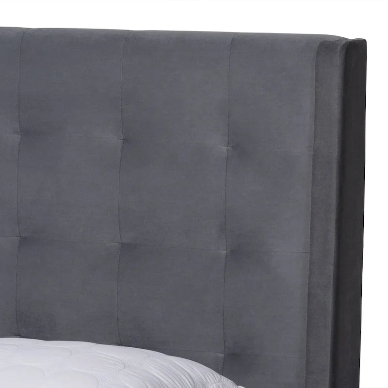 Gothard Modern and Contemporary Velvet Fabric Upholstered and Dark Brown Finished Wood Platform Bed