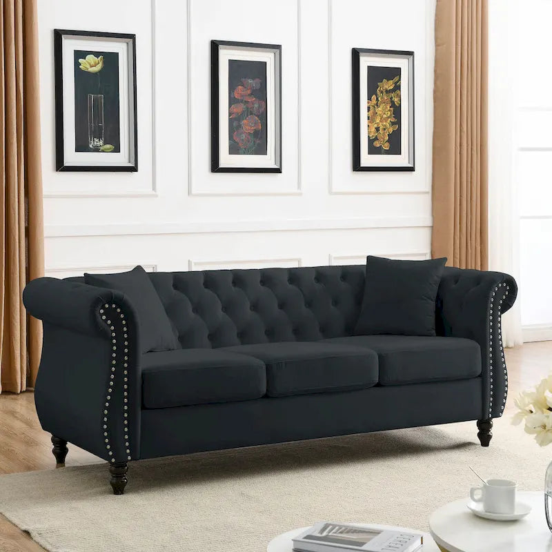 [Video] 80 Chesterfield Sofa Black Velvet for Living Room, 3 Seater Sofa Tufted Couch with Rolled Arms and Nailhead for Living