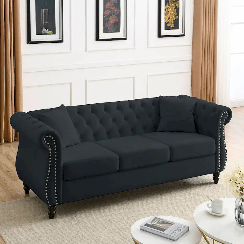 [Video] 80 Chesterfield Sofa Black Velvet for Living Room, 3 Seater Sofa Tufted Couch with Rolled Arms and Nailhead for Living