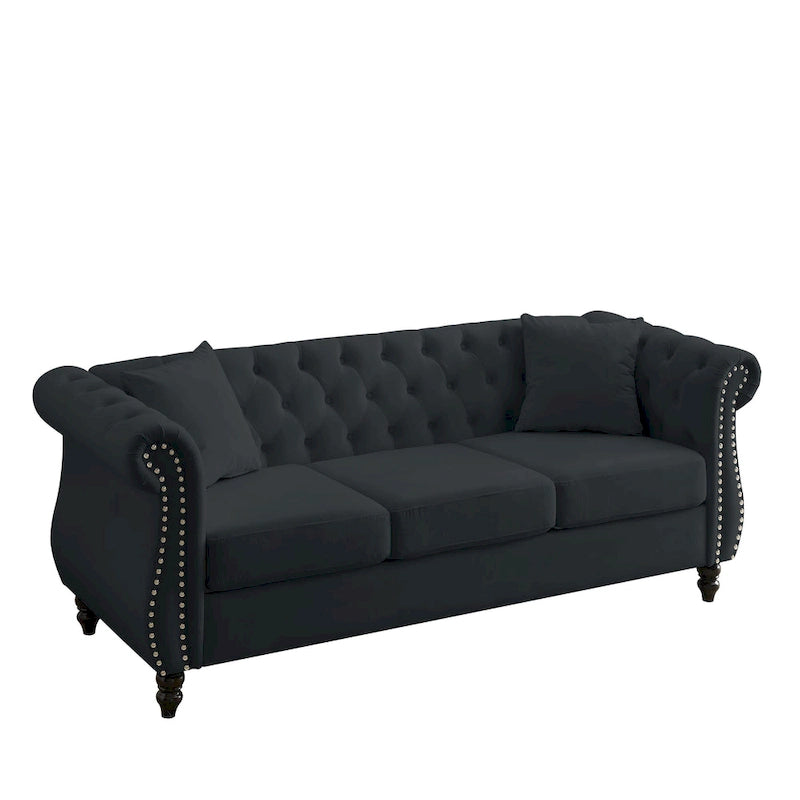 [Video] 80 Chesterfield Sofa Black Velvet for Living Room, 3 Seater Sofa Tufted Couch with Rolled Arms and Nailhead for Living