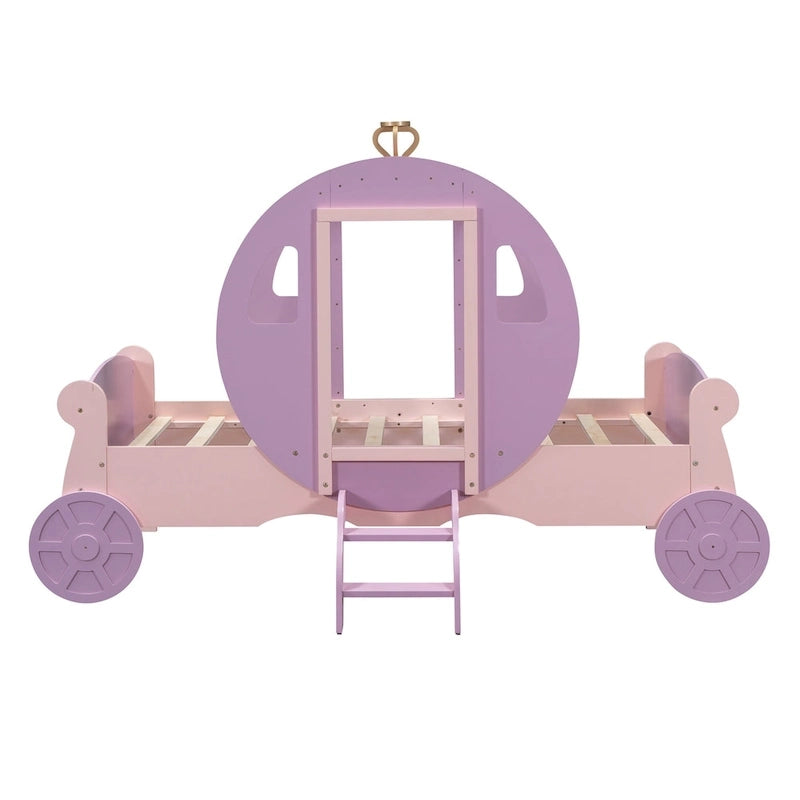 Twin size Princess Carriage Bed with Crown ,Wood Platform Car Bed with Stair,White+Pink
