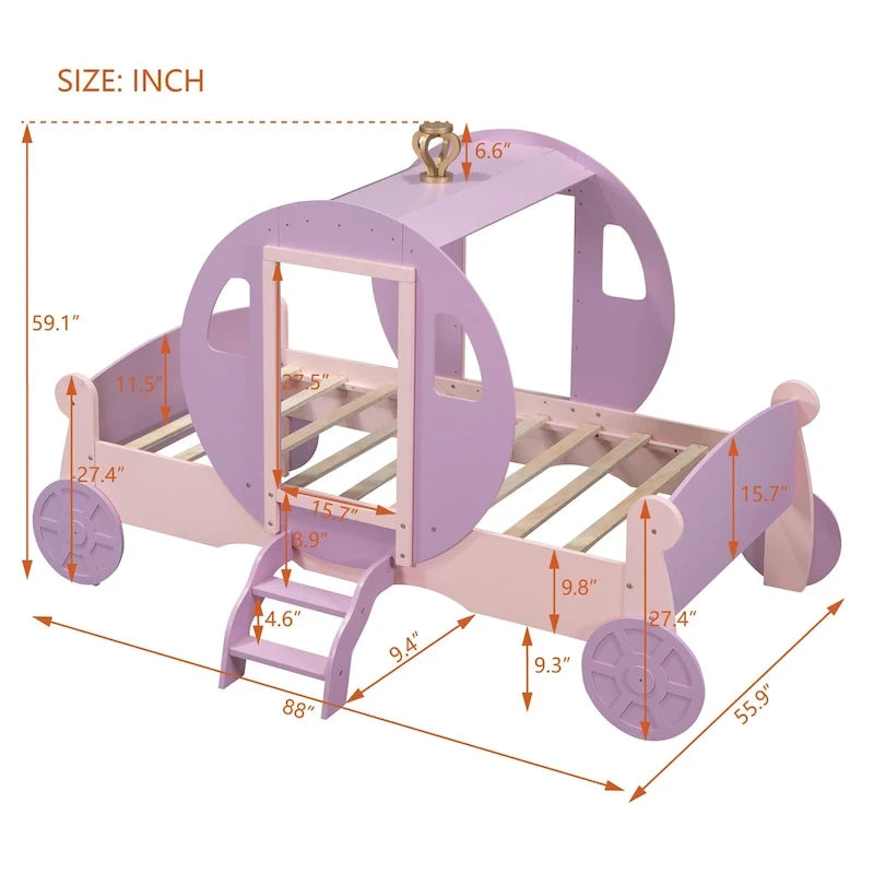 Twin size Princess Carriage Bed with Crown ,Wood Platform Car Bed with Stair,White+Pink