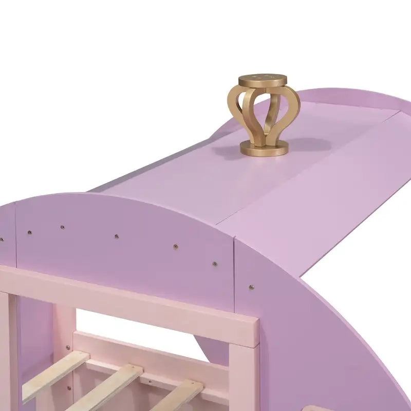 Twin size Princess Carriage Bed with Crown ,Wood Platform Car Bed with Stair,White+Pink