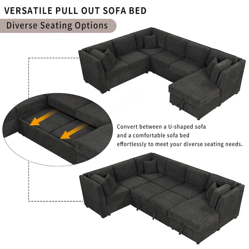 108.6 U-shaped Sectional Sofa Pull out Sofa Bed with Two USB Ports, Two Power Sockets, Three Back Pillows and a Storage Chaise
