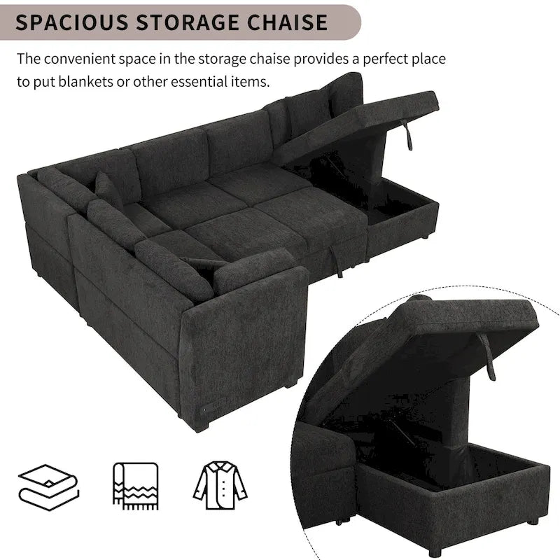108.6 U-shaped Sectional Sofa Pull out Sofa Bed with Two USB Ports, Two Power Sockets, Three Back Pillows and a Storage Chaise