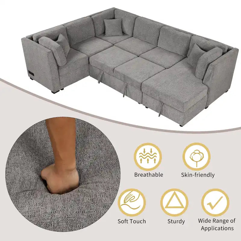 108.6 U-shaped Sectional Sofa Pull out Sofa Bed with Two USB Ports, Two Power Sockets, Three Back Pillows and a Storage Chaise