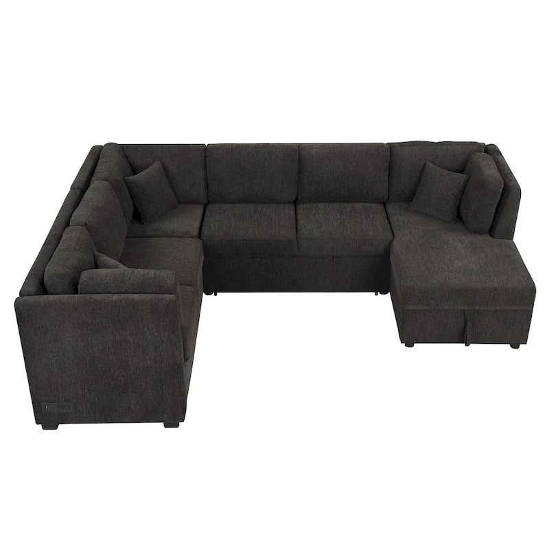 108.6 U-shaped Sectional Sofa Pull out Sofa Bed with Two USB Ports, Two Power Sockets, Three Back Pillows and a Storage Chaise