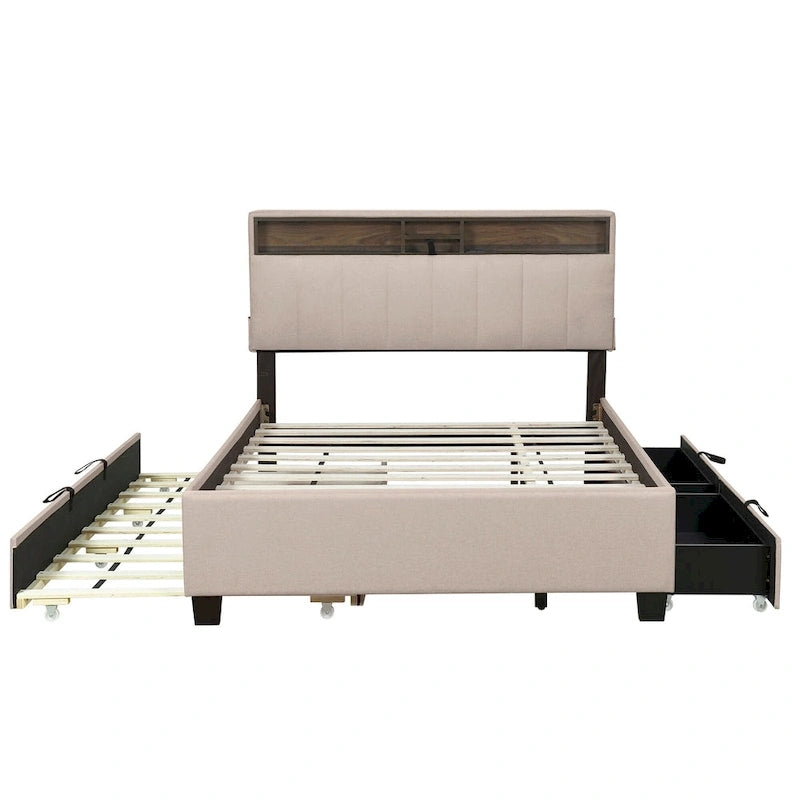 Full size Upholstered Platform Bed with Storage Headboard, Trundle & 2 drawers USB Ports, Linen, Beige