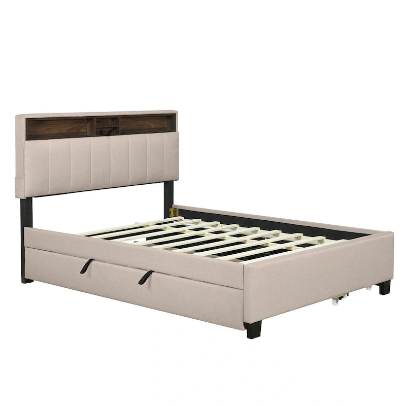 Full size Upholstered Platform Bed with Storage Headboard, Trundle & 2 drawers USB Ports, Linen, Beige