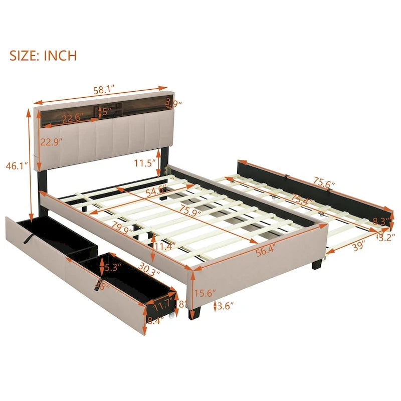 Full size Upholstered Platform Bed with Storage Headboard, Trundle & 2 drawers USB Ports, Linen, Beige