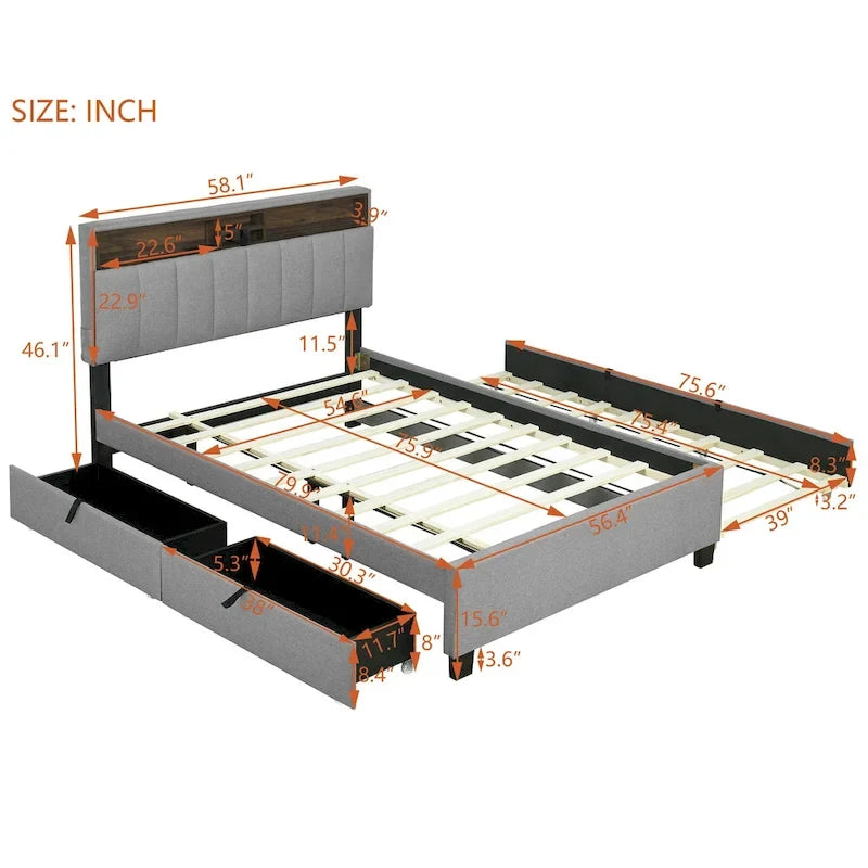 Full size Upholstered Platform Bed with Storage Headboard, Trundle & 2 drawers USB Ports, Linen, Beige
