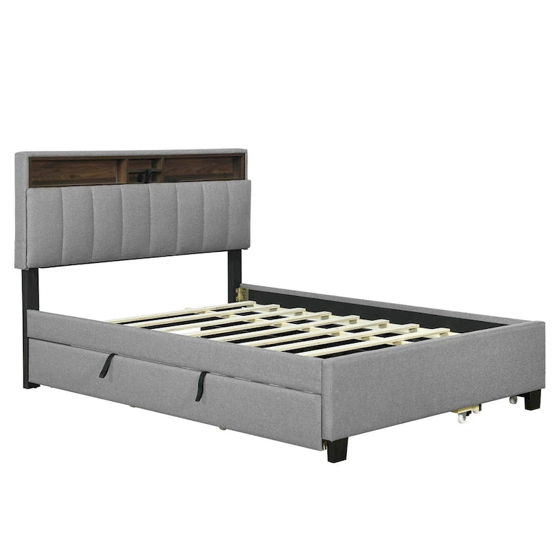 Full size Upholstered Platform Bed with Storage Headboard, Trundle & 2 drawers USB Ports, Linen, Beige