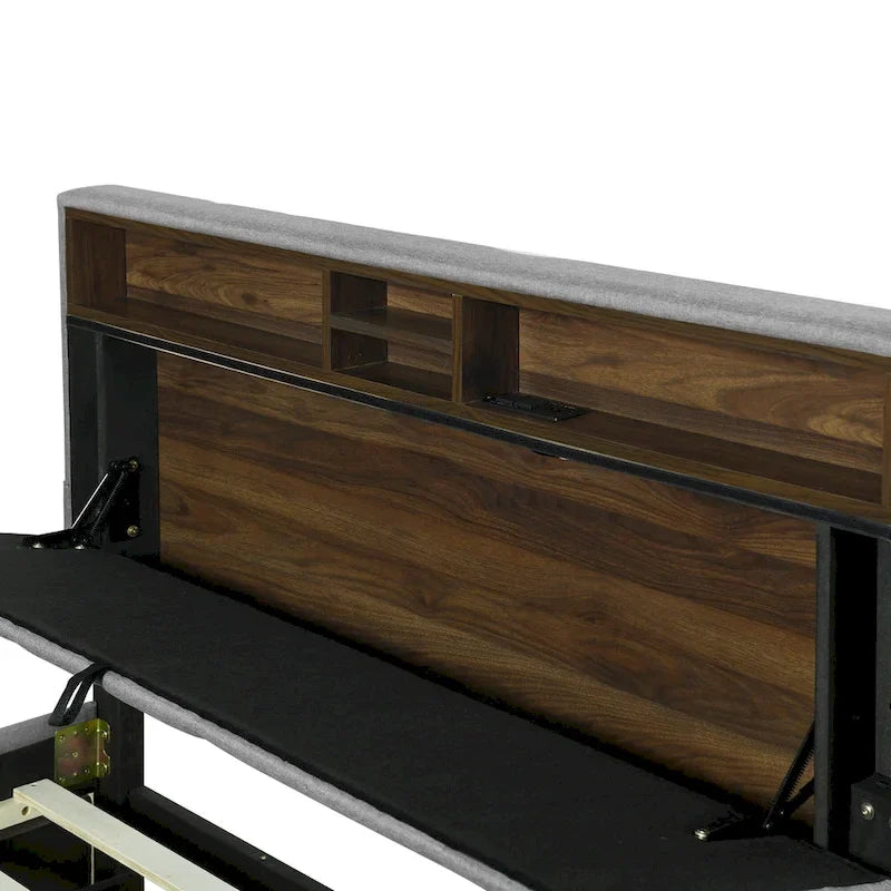 Full size Upholstered Platform Bed with Storage Headboard, Trundle & 2 drawers USB Ports, Linen, Beige