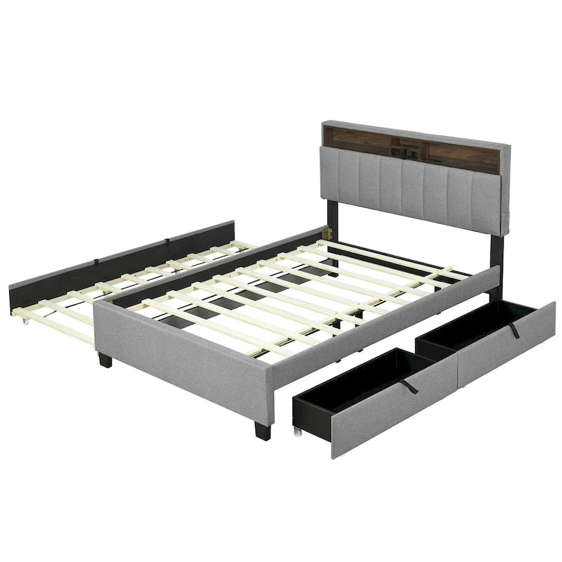 Full size Upholstered Platform Bed with Storage Headboard, Trundle & 2 drawers USB Ports, Linen, Beige