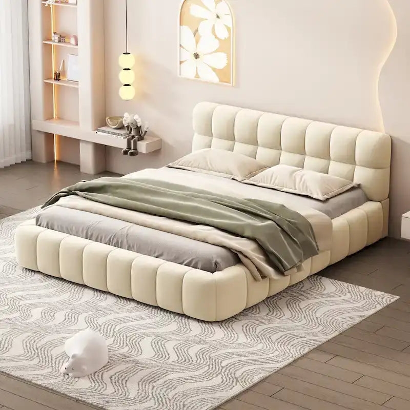 Queen Size Upholstered Platform Bed with Thick Fabric, Grounded Bed with Solid Frame, Beige