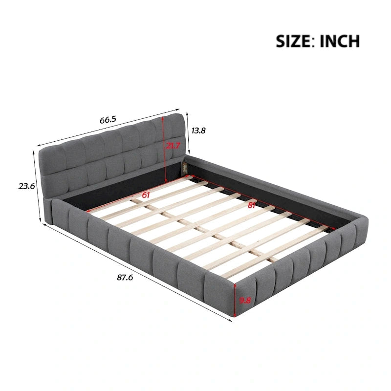 Queen Size Upholstered Platform Bed with Thick Fabric, Grounded Bed with Solid Frame, Beige