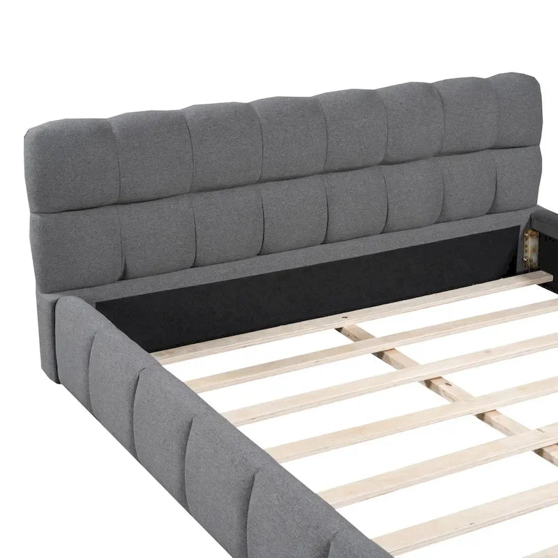Queen Size Upholstered Platform Bed with Thick Fabric, Grounded Bed with Solid Frame, Beige