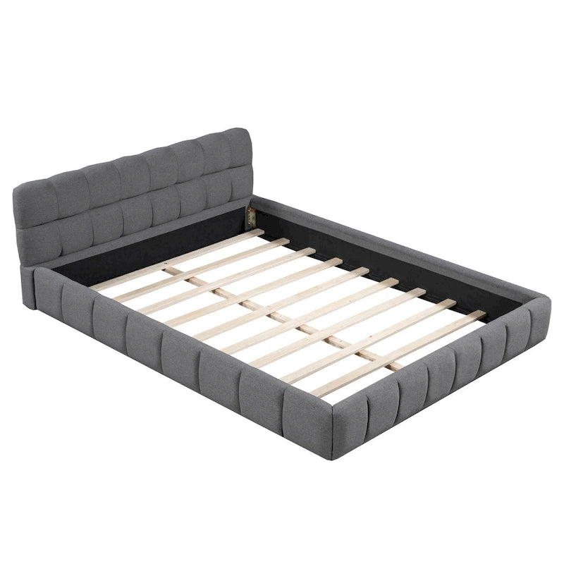 Queen Size Upholstered Platform Bed with Thick Fabric, Grounded Bed with Solid Frame, Beige