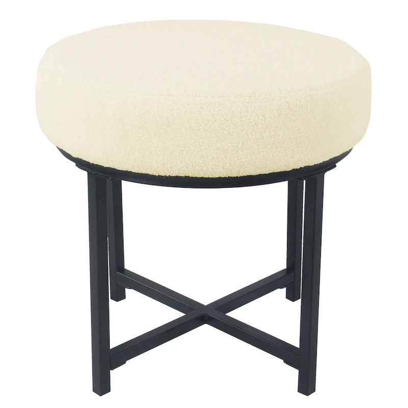 Round Upholstered top Ottoman on metal frame - Cream Faux Sheepskin