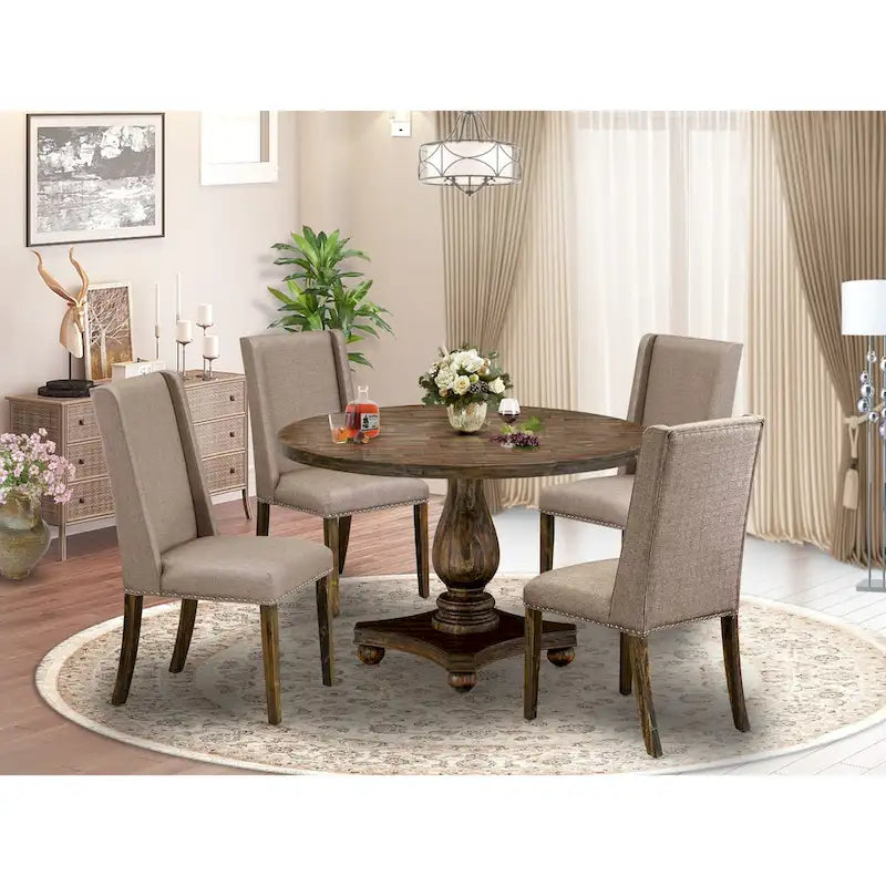 East West Furniture Dining Table Set- a Kitchen Table and Dark Khaki Linen Fabric Chairs, Distressed Jacobean (Pieces Option)