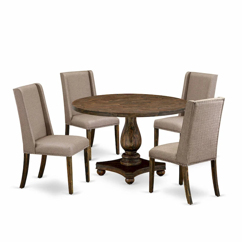 East West Furniture Dining Table Set- a Kitchen Table and Dark Khaki Linen Fabric Chairs, Distressed Jacobean (Pieces Option)