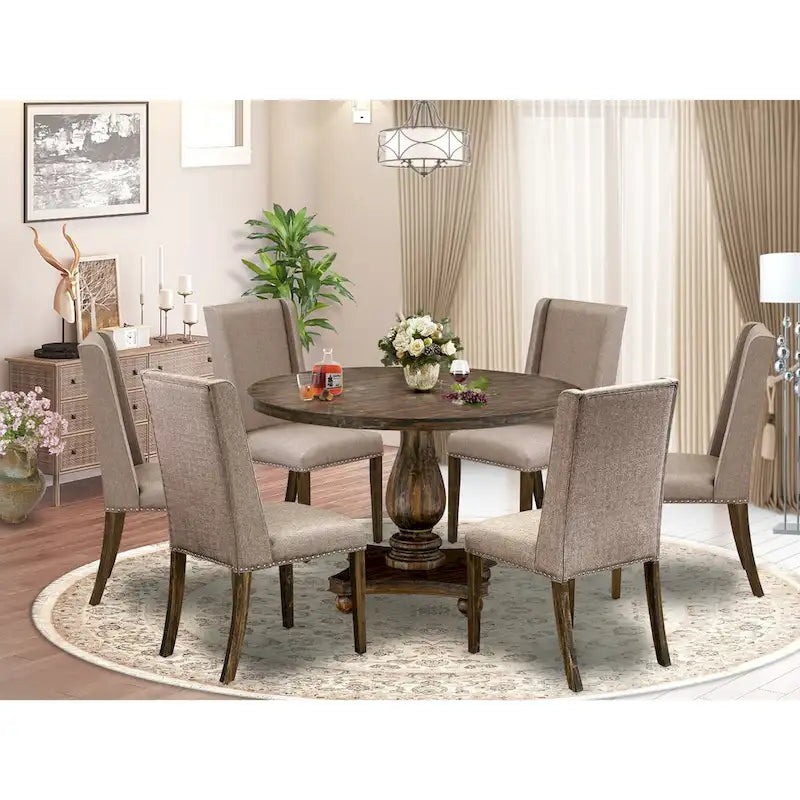 East West Furniture Dining Table Set- a Kitchen Table and Dark Khaki Linen Fabric Chairs, Distressed Jacobean (Pieces Option)