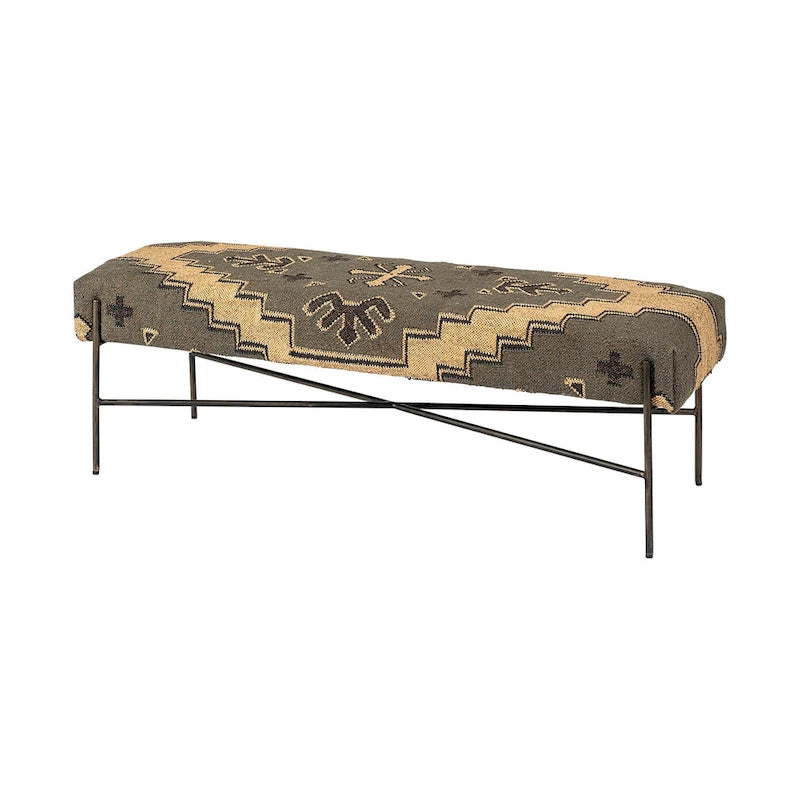 Avery I Olive & Beige Upholstered Patterned Seat Accent Bench - 55W x 17D x 18H