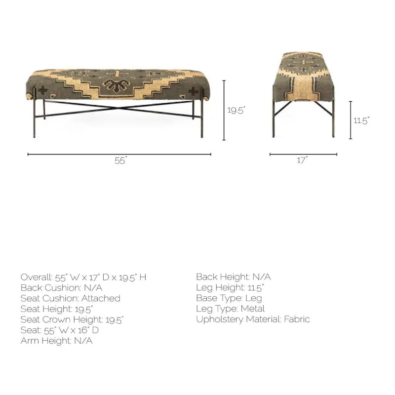 Avery I Olive & Beige Upholstered Patterned Seat Accent Bench - 55W x 17D x 18H
