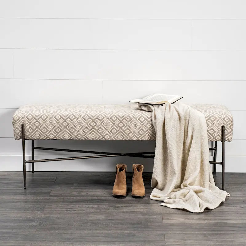 Avery I Olive & Beige Upholstered Patterned Seat Accent Bench - 55W x 17D x 18H