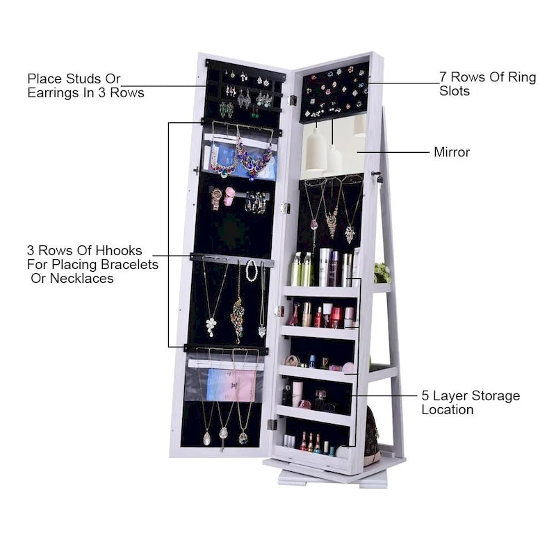 360 Degree Rotation Full-Body Mirror Cabinet Storage Jewelry Storage White
