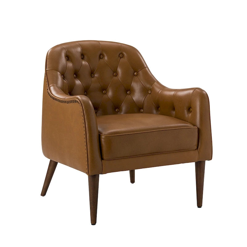 Melisa Classic Genuine Leather Wood Legs Barrel Chair With Tufted Back By HULALA HOME