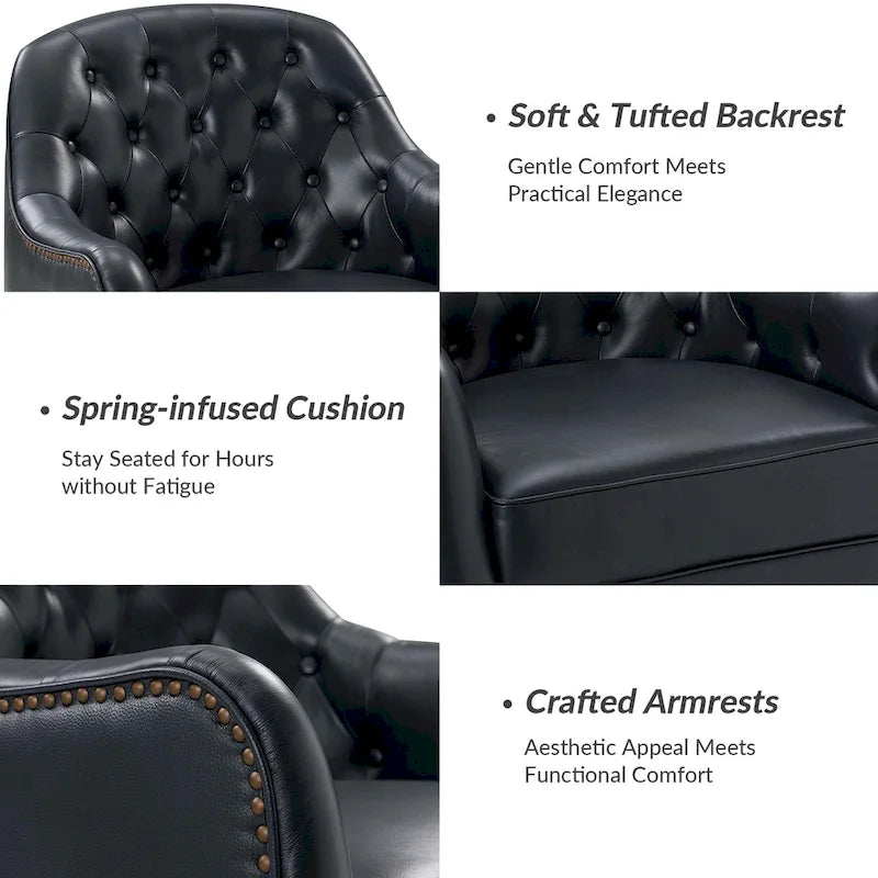 Melisa Classic Genuine Leather Wood Legs Barrel Chair With Tufted Back By HULALA HOME