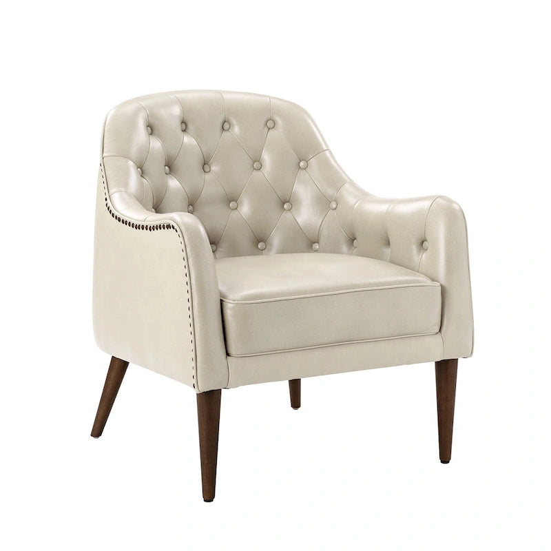 Melisa Classic Genuine Leather Wood Legs Barrel Chair With Tufted Back By HULALA HOME
