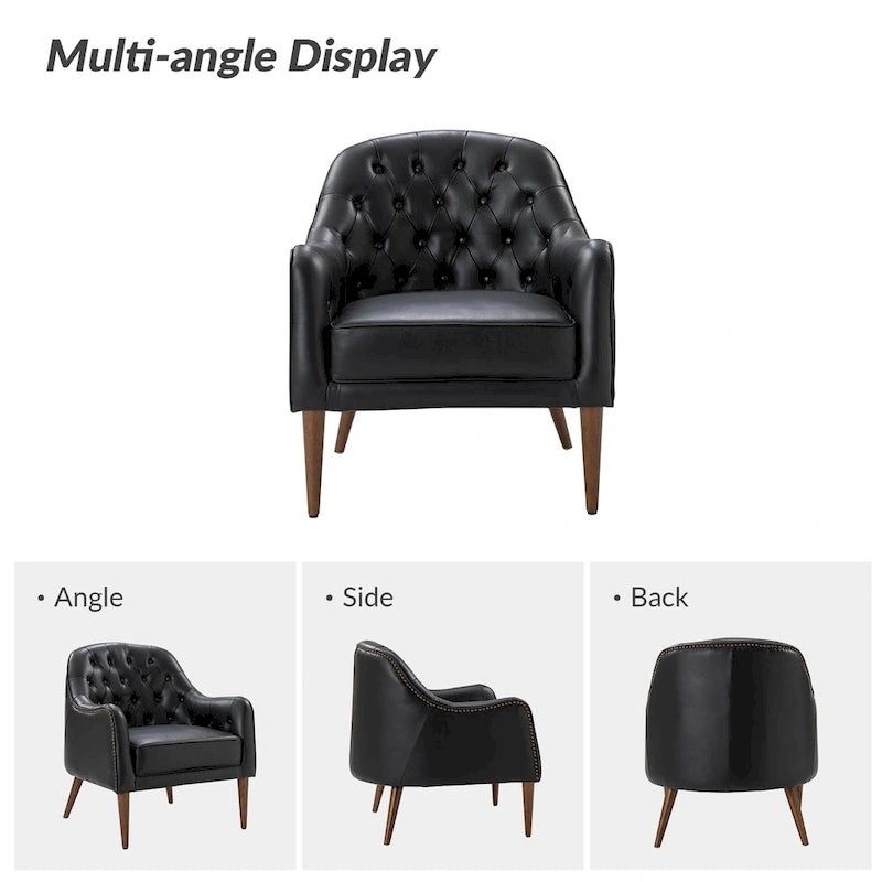 Melisa Classic Genuine Leather Wood Legs Barrel Chair With Tufted Back By HULALA HOME