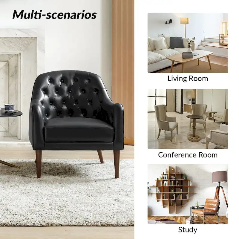 Melisa Classic Genuine Leather Wood Legs Barrel Chair With Tufted Back By HULALA HOME
