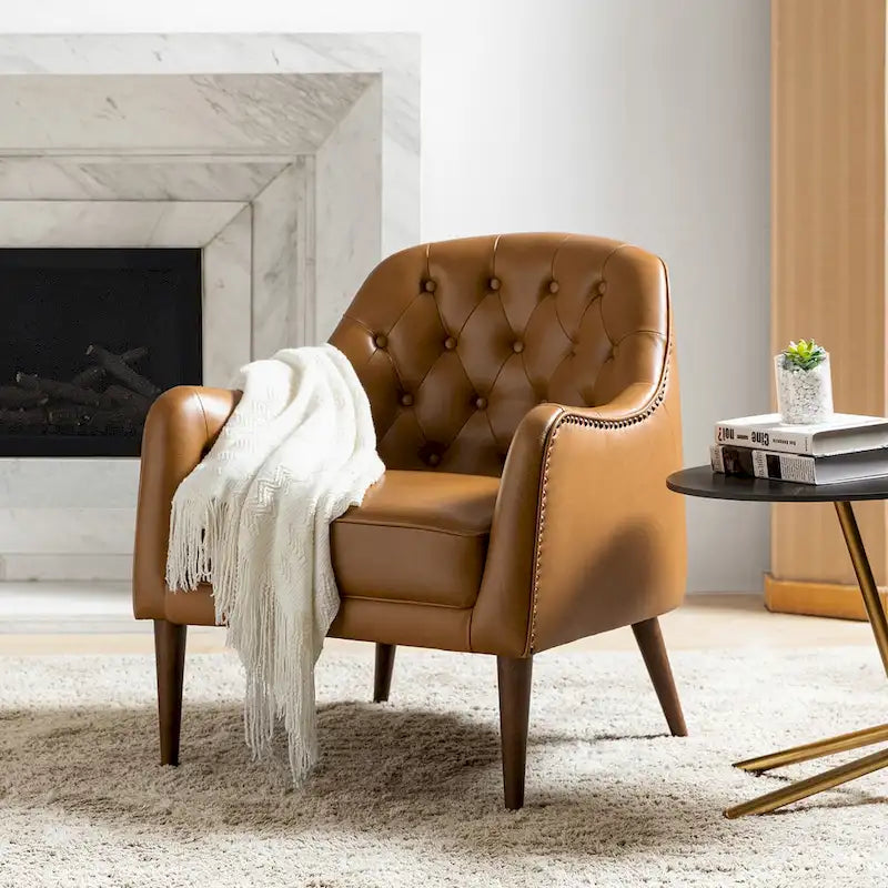 Melisa Classic Genuine Leather Wood Legs Barrel Chair With Tufted Back By HULALA HOME