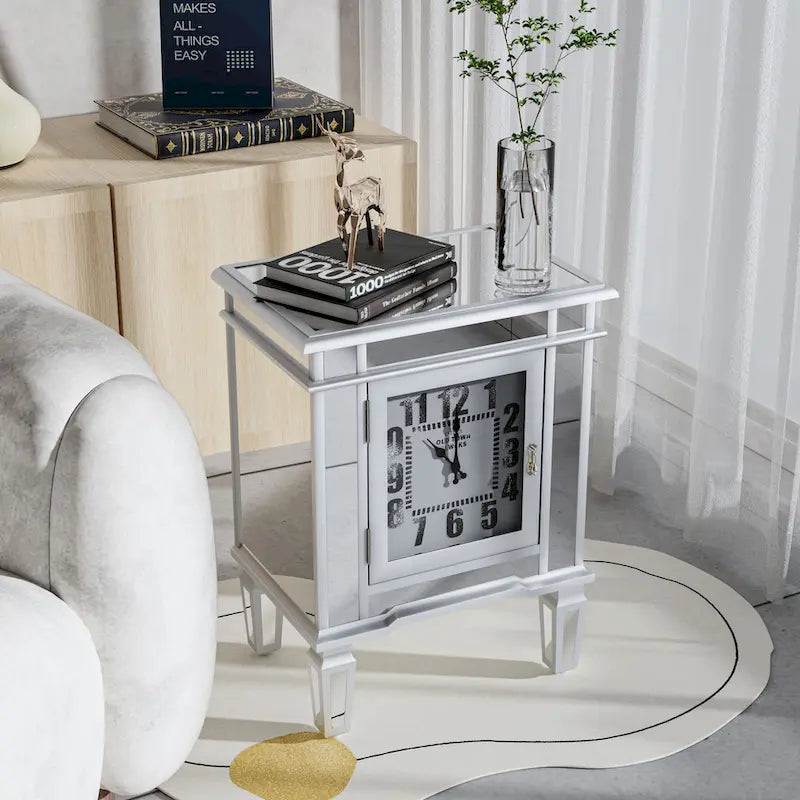 Mirrored Nightstand Clock End Table Silver Bedside Table Living Room - 19x13x25