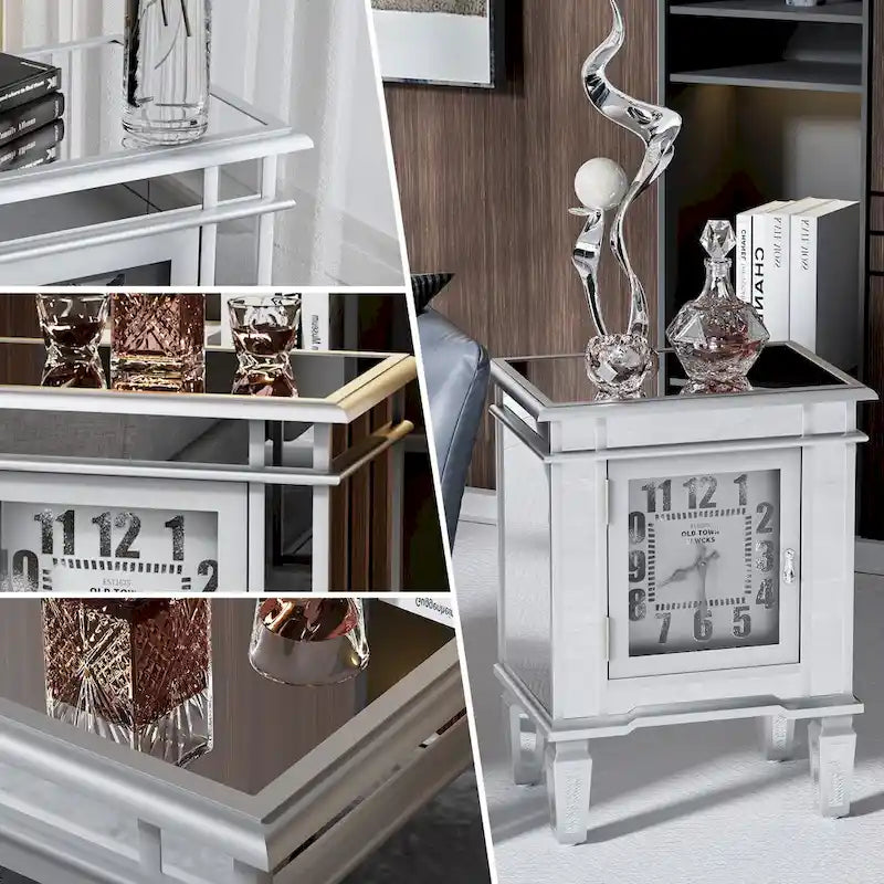 Mirrored Nightstand Clock End Table Silver Bedside Table Living Room - 19x13x25