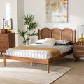 Thatcher Mid-Century Modern Walnut Brown Finished Wood Queen Size Platform Bed with Woven Rattan