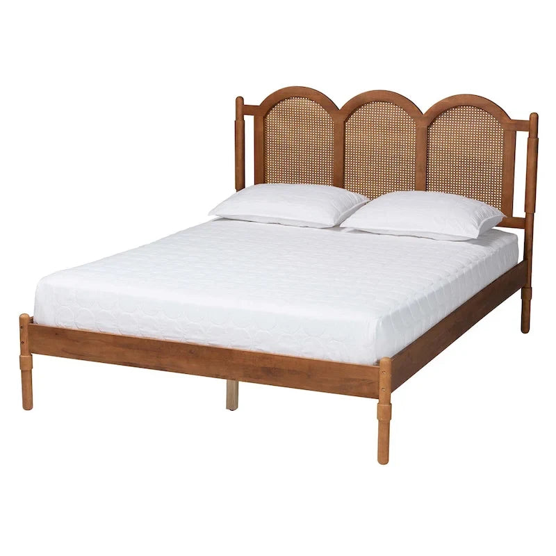 Thatcher Mid-Century Modern Walnut Brown Finished Wood Queen Size Platform Bed with Woven Rattan