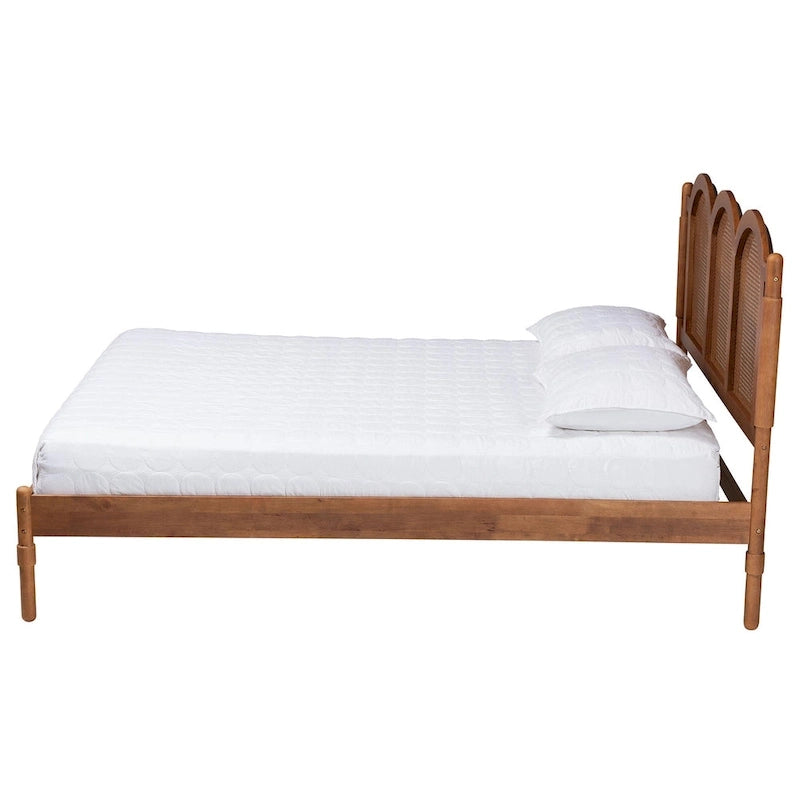Thatcher Mid-Century Modern Walnut Brown Finished Wood Queen Size Platform Bed with Woven Rattan