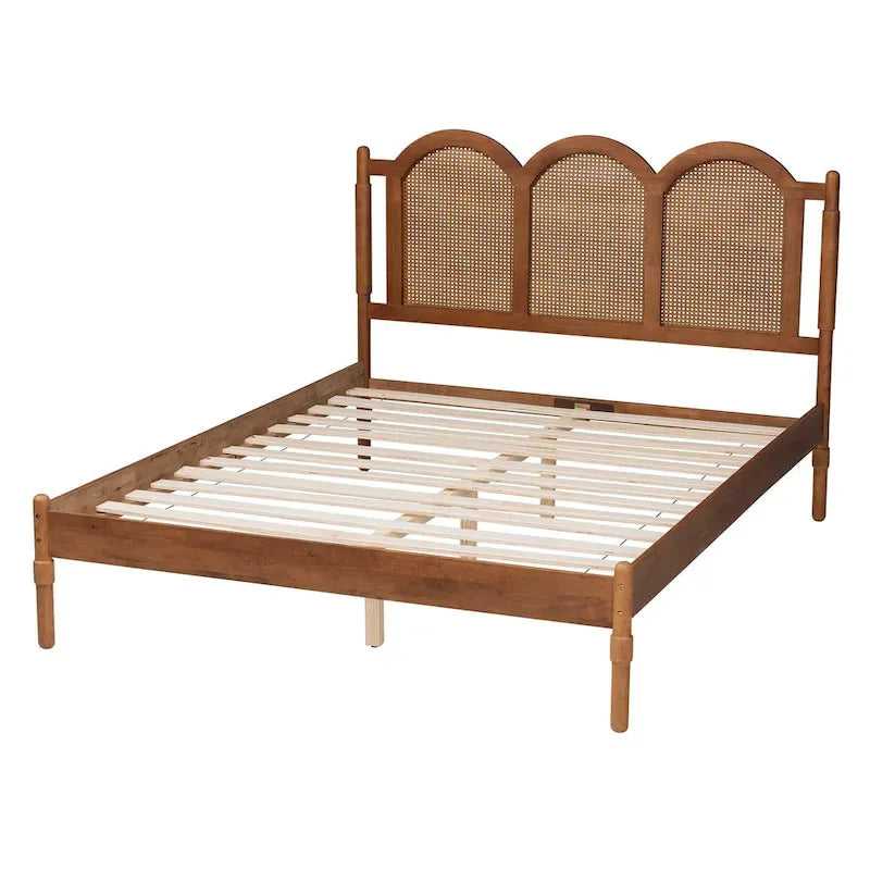 Thatcher Mid-Century Modern Walnut Brown Finished Wood Queen Size Platform Bed with Woven Rattan