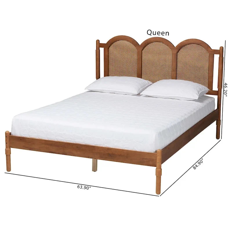 Thatcher Mid-Century Modern Walnut Brown Finished Wood Queen Size Platform Bed with Woven Rattan