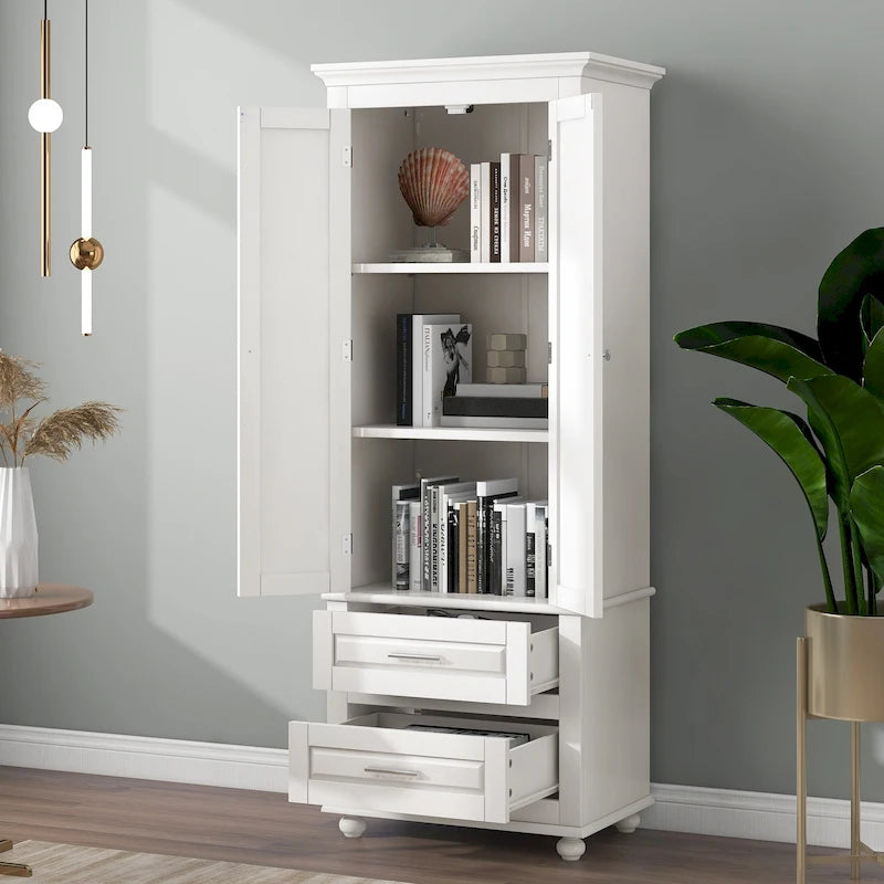 White Tall Storage Cabinet with Two Drawers